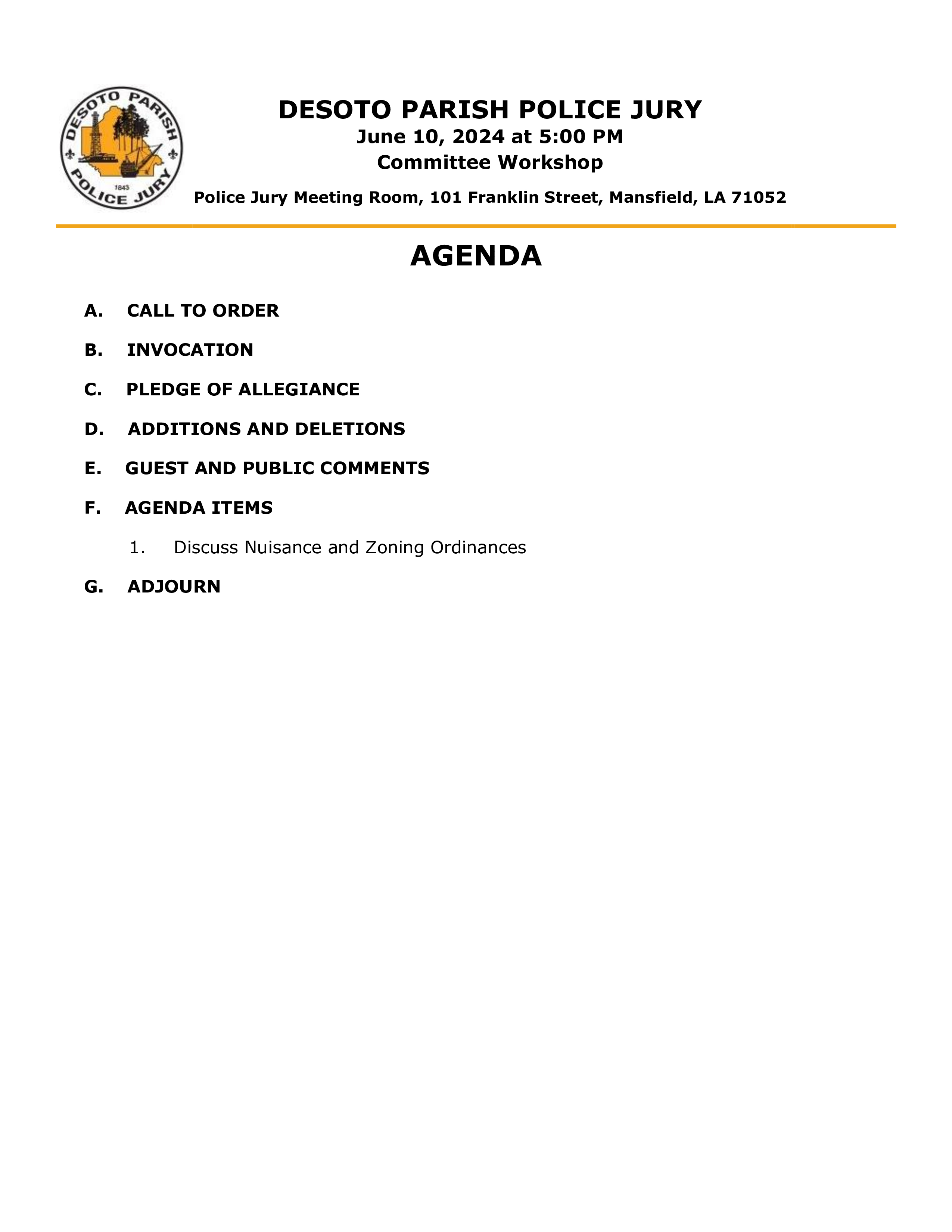 Police Jury to discuss nuisance and zoning ordinances after special